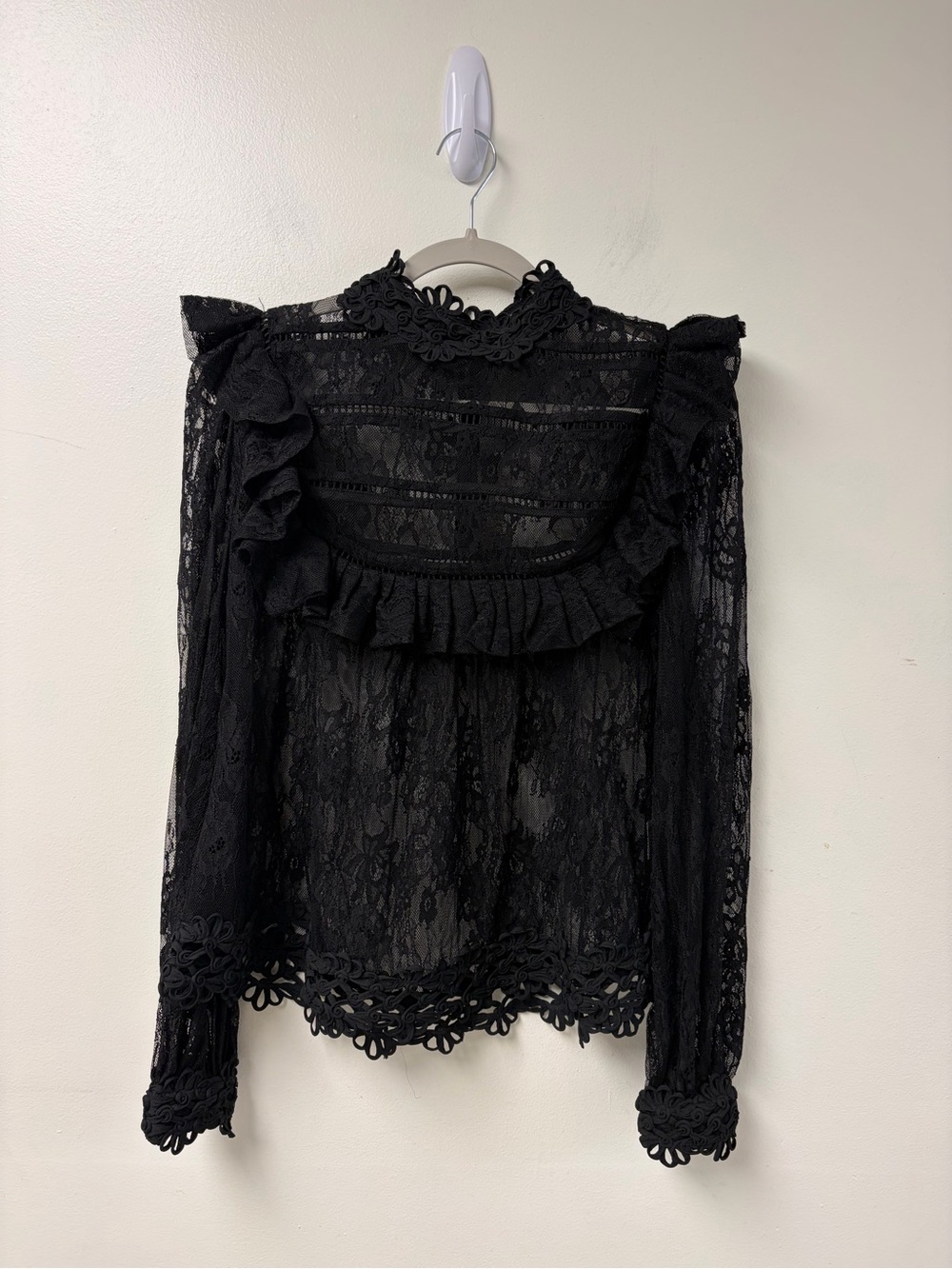 Why Dress Whimsigoth Ruffle High Neck Black Blouse with Delicate Lace Size Large